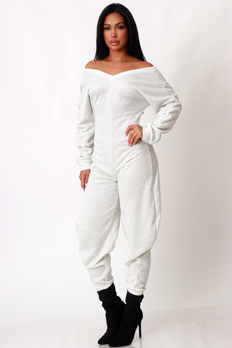 Off Shoulder Cozy Sweatshirt Fleece Jumpsuit
