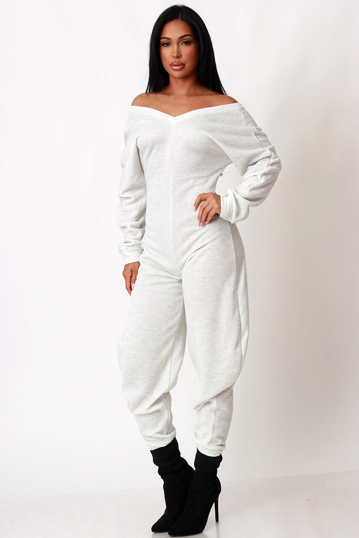 Off Shoulder Cozy Sweatshirt Fleece Jumpsuit