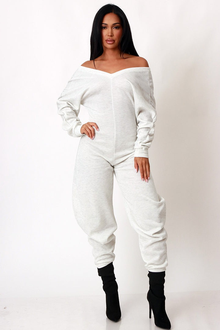 Off Shoulder Cozy Sweatshirt Fleece Jumpsuit