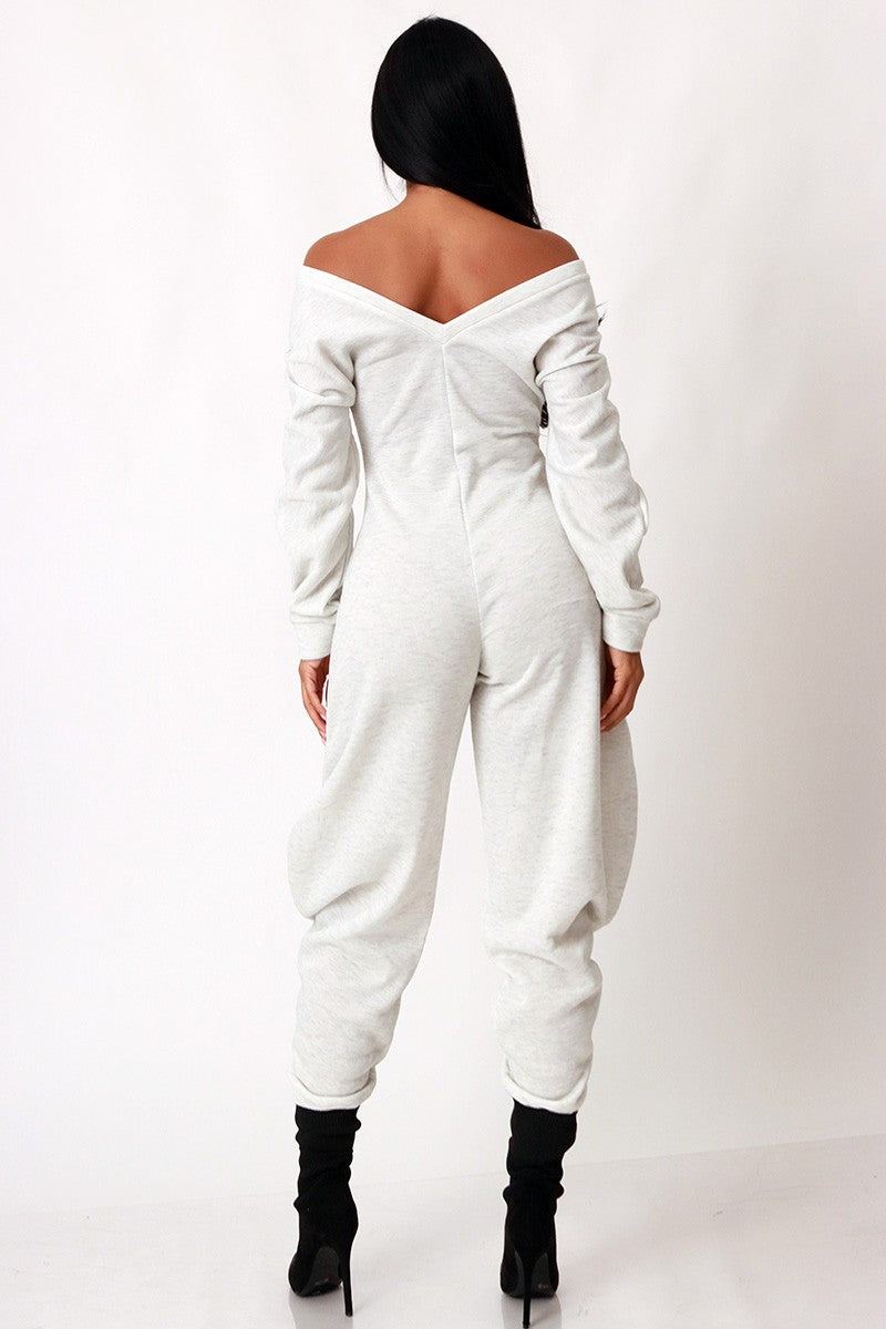 Off Shoulder Cozy Sweatshirt Fleece Jumpsuit