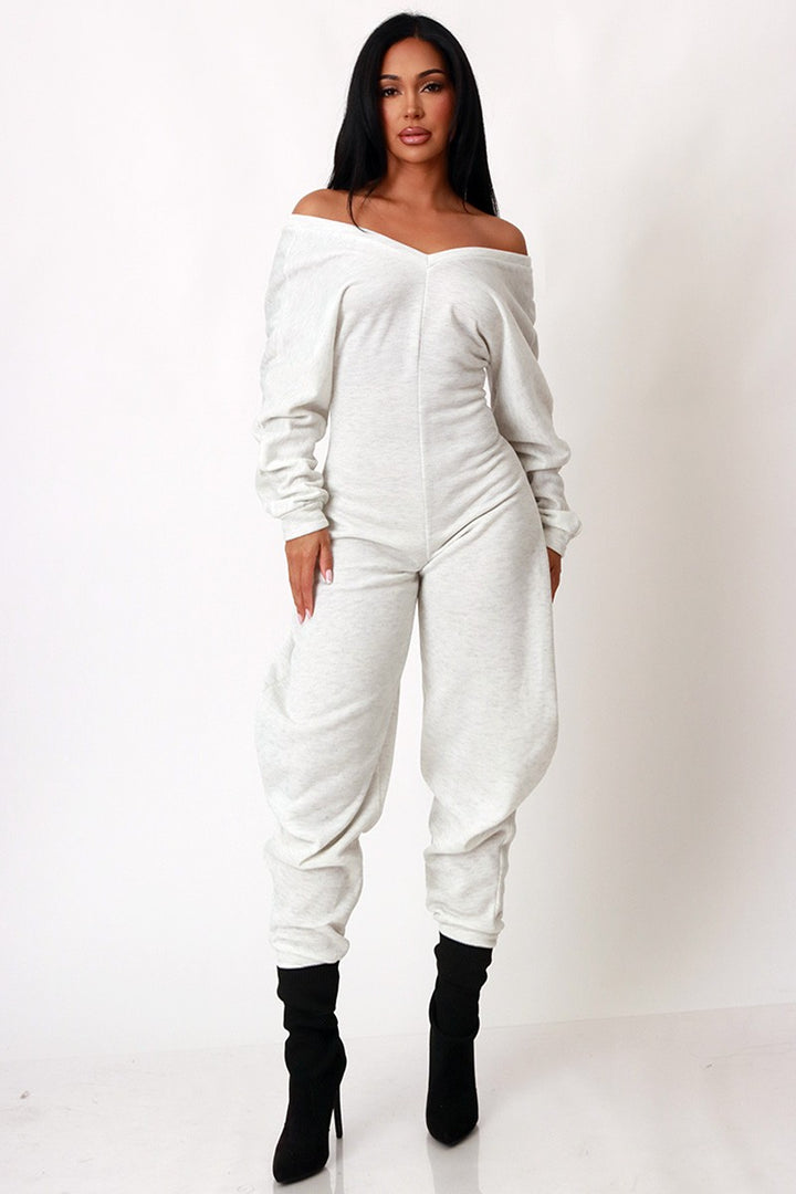 Off Shoulder Cozy Sweatshirt Fleece Jumpsuit