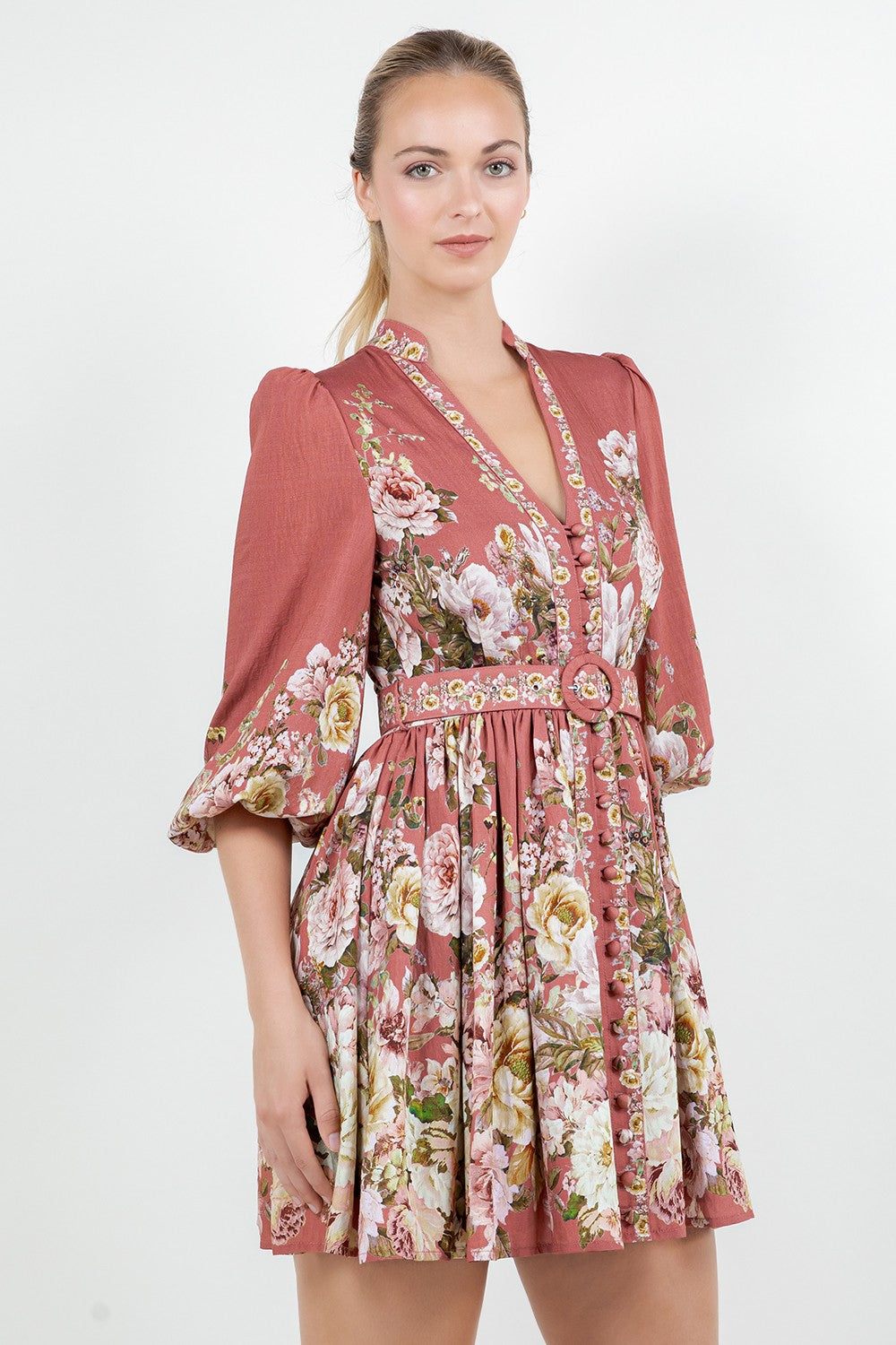 Floreal Belted Long Sleeve Mini Dress