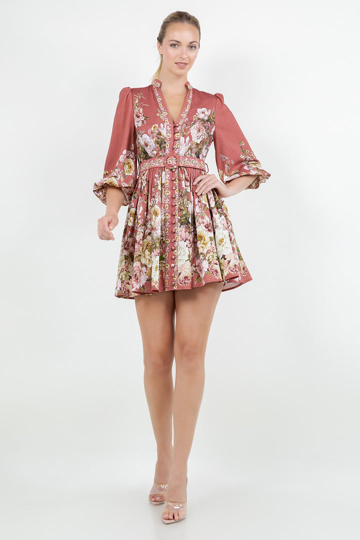 Floreal Belted Long Sleeve Mini Dress