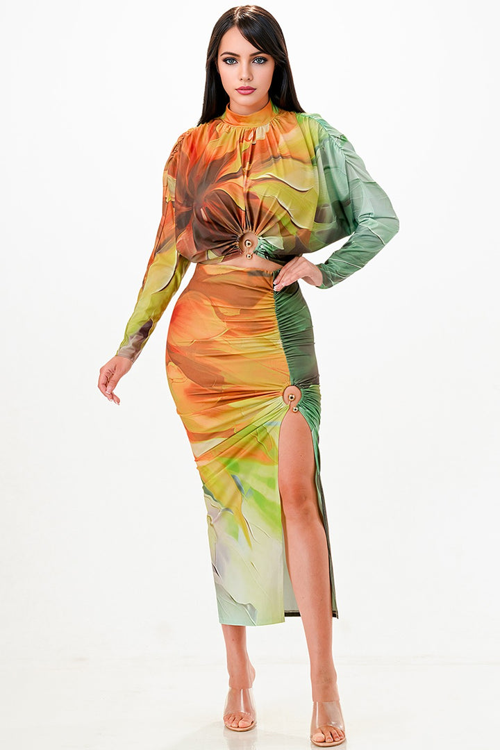 Ruched Long Sleeve Crop Top & Slit Skirt Set