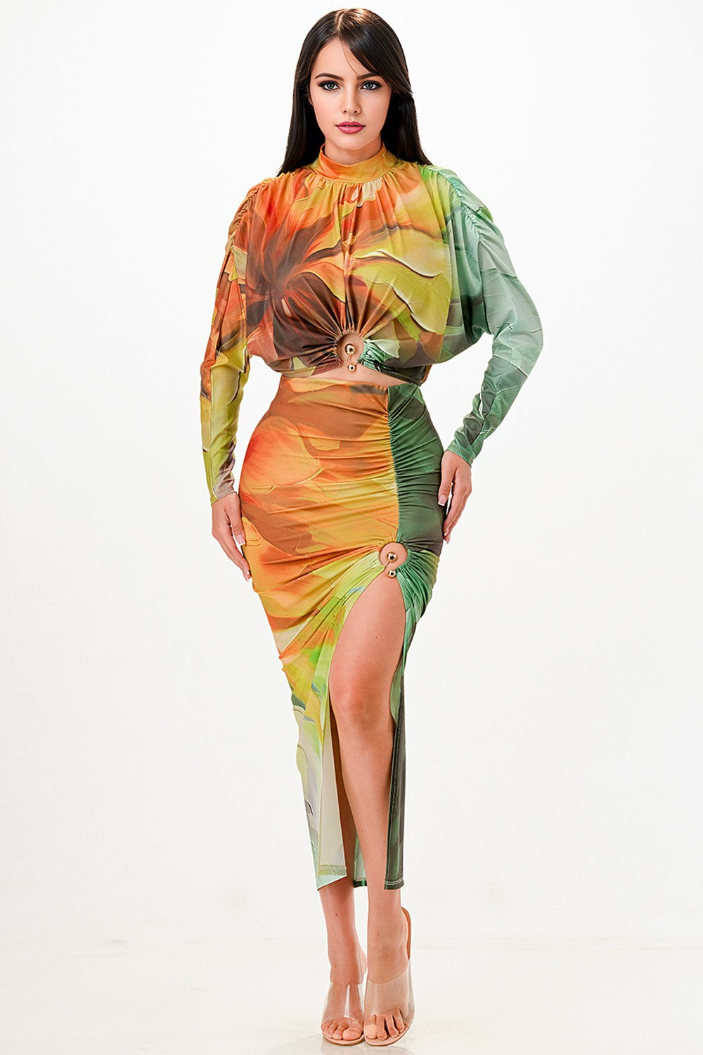 Ruched Long Sleeve Crop Top & Slit Skirt Set
