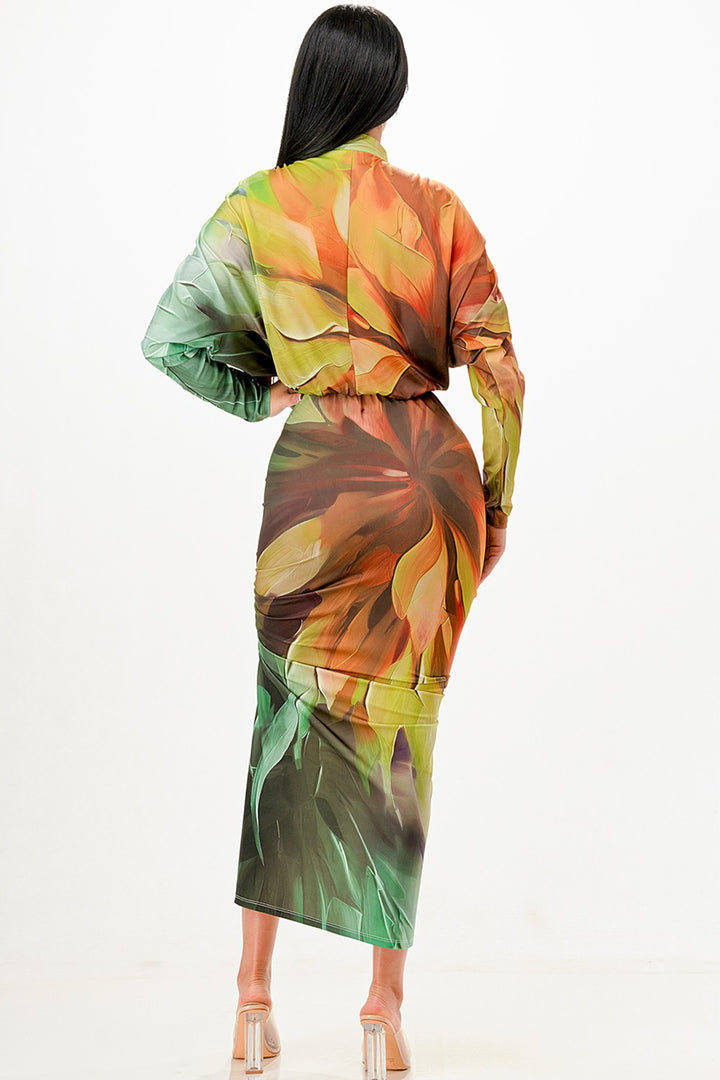 Ruched Long Sleeve Crop Top & Slit Skirt Set