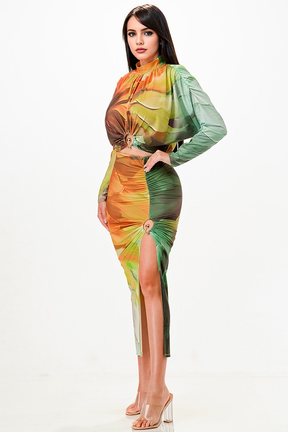 Ruched Long Sleeve Crop Top & Slit Skirt Set