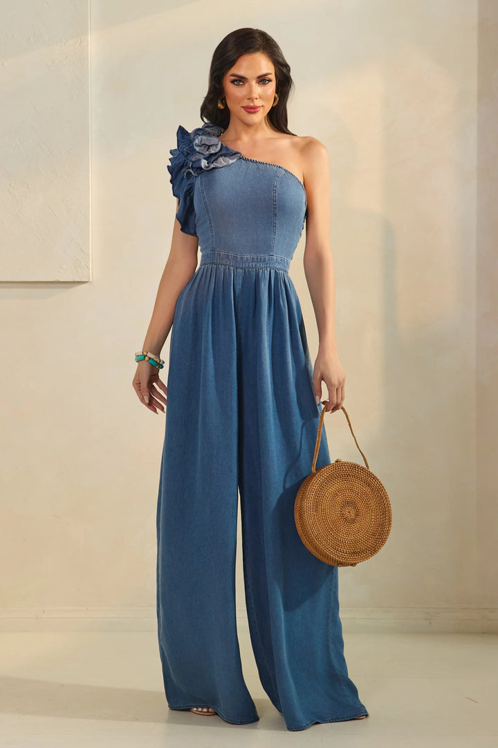 Denim One Shoulder Corsage Jumpsuit