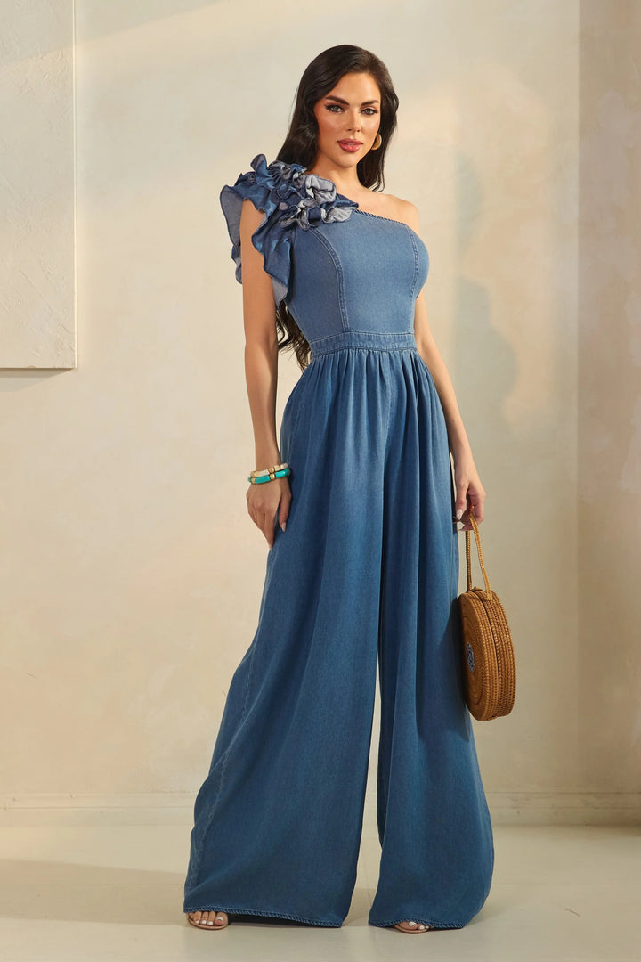 Denim One Shoulder Corsage Jumpsuit