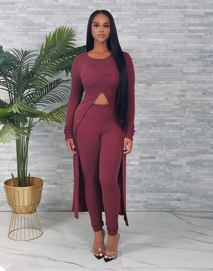 RIB LONG SLIT TOP & PANTS SET