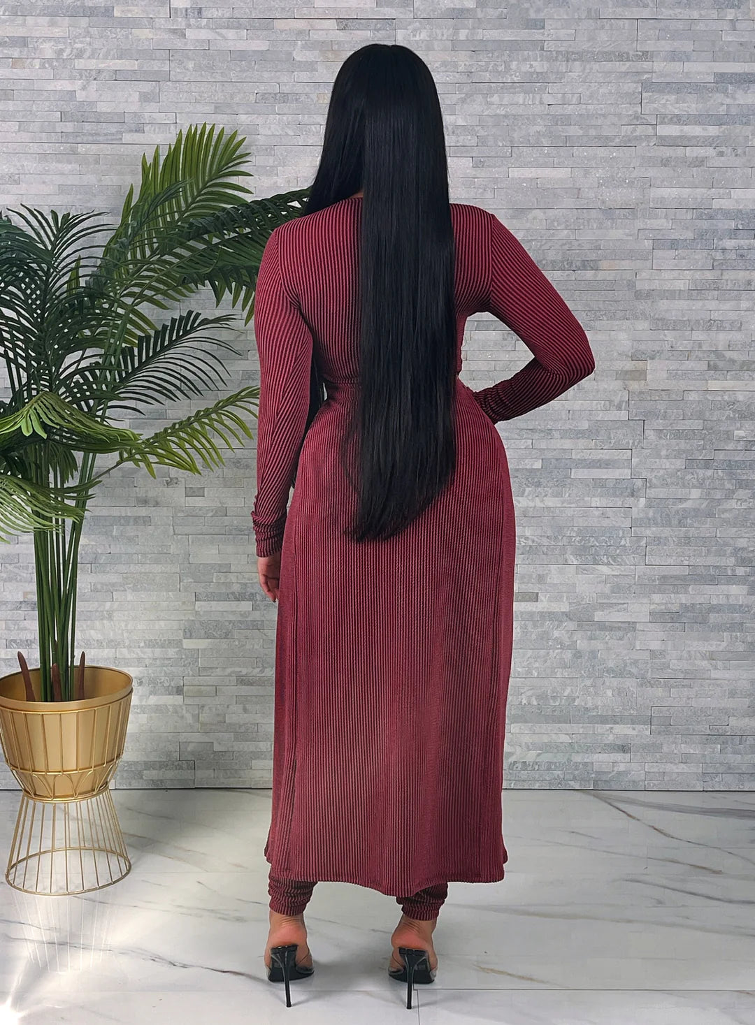 RIB LONG SLIT TOP & PANTS SET