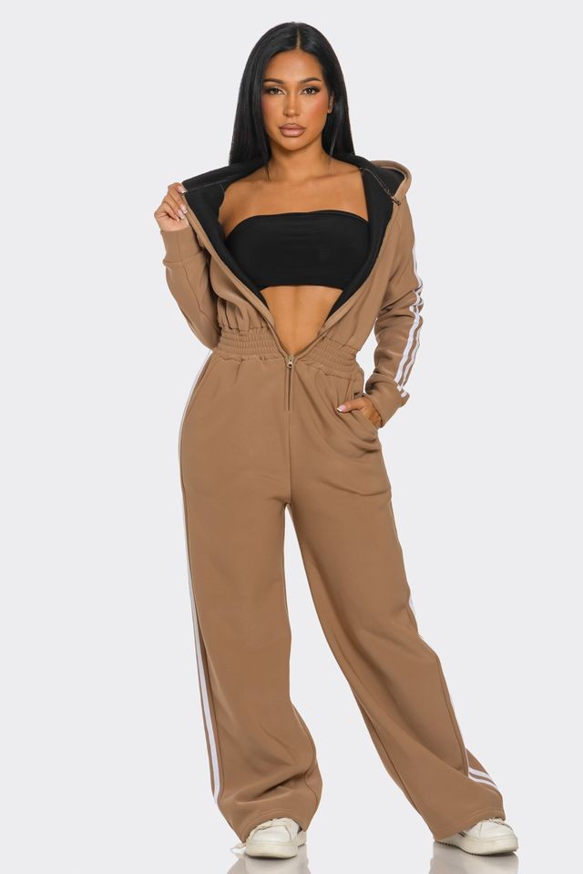 Hooded Jumpsuit Lined Fleece Wide Leg