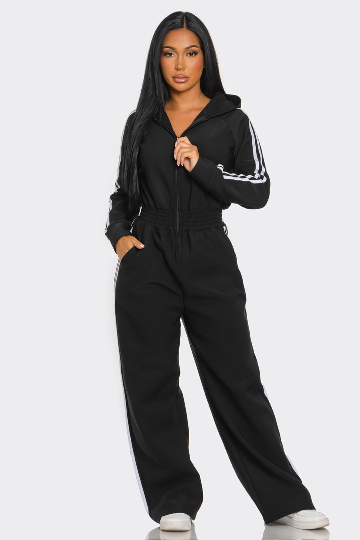 Hooded Jumpsuit Lined Fleece Wide Leg