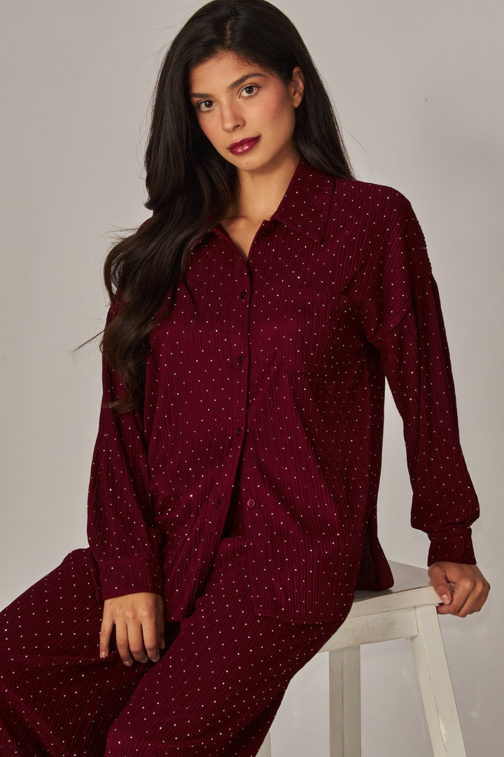 Crinkled Rhinestone Button Down Shirt Lounge Set