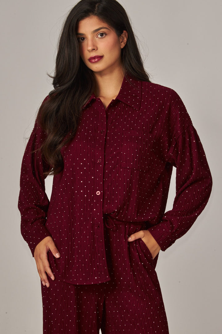 Crinkled Rhinestone Button Down Shirt Lounge Set