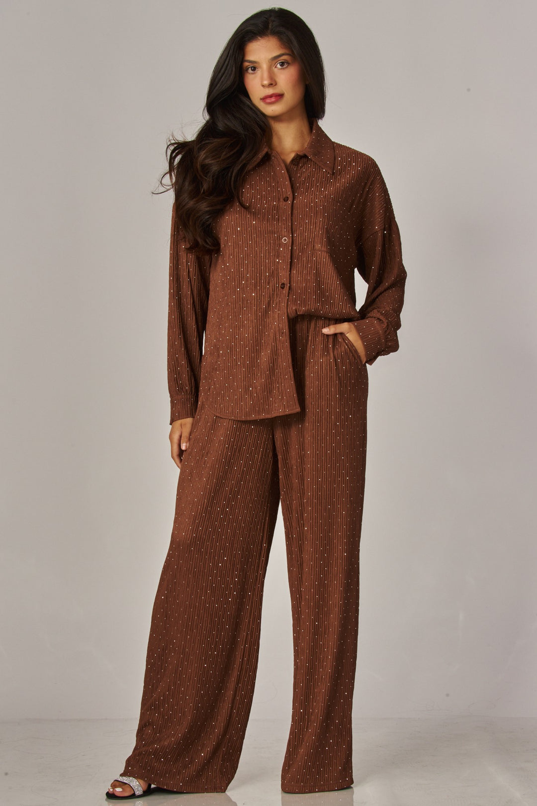 Crinkled Rhinestone Button Down Shirt Lounge Set