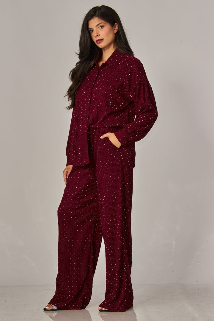 Crinkled Rhinestone Button Down Shirt Lounge Set