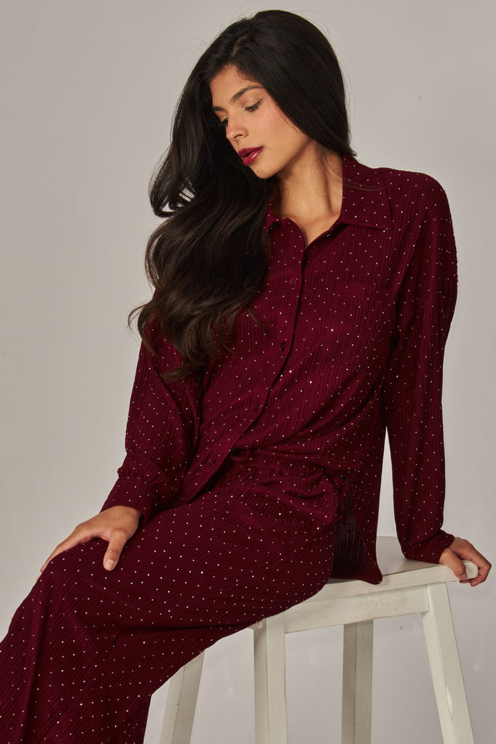 Crinkled Rhinestone Button Down Shirt Lounge Set