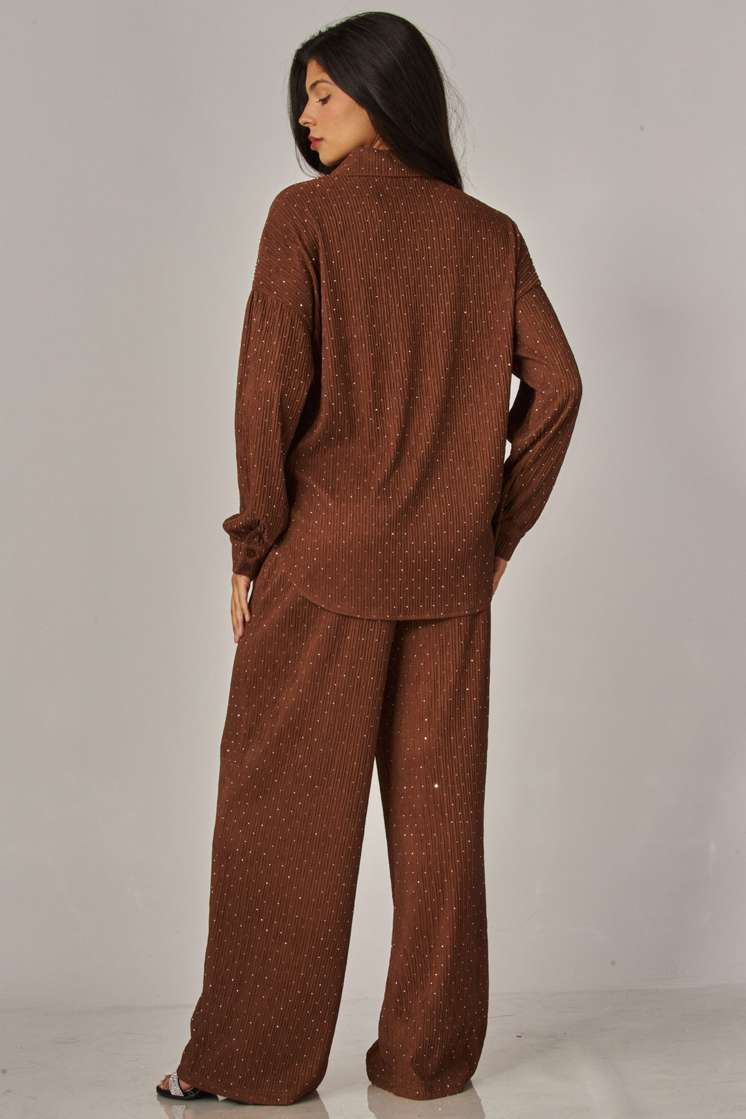 Crinkled Rhinestone Button Down Shirt Lounge Set