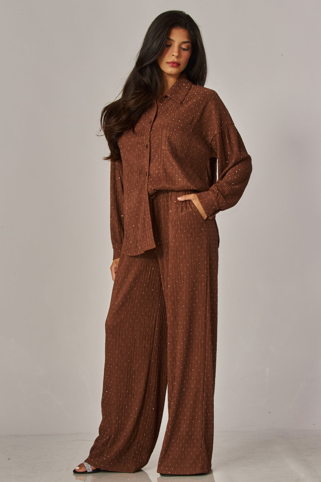 Crinkled Rhinestone Button Down Shirt Lounge Set