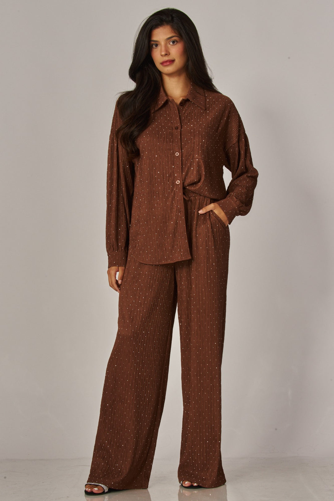 Crinkled Rhinestone Button Down Shirt Lounge Set