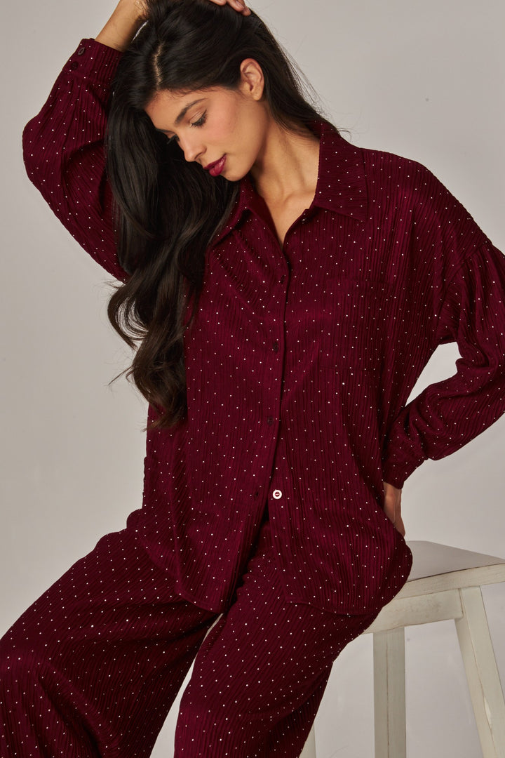 Crinkled Rhinestone Button Down Shirt Lounge Set