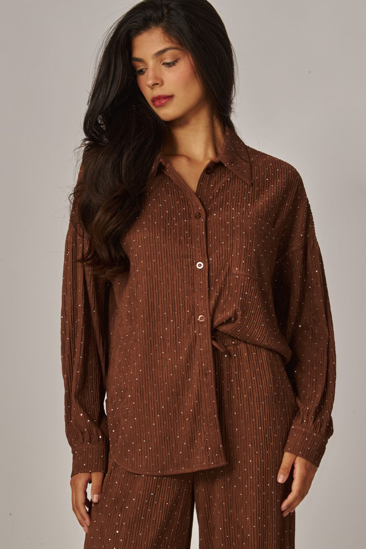 Crinkled Rhinestone Button Down Shirt Lounge Set
