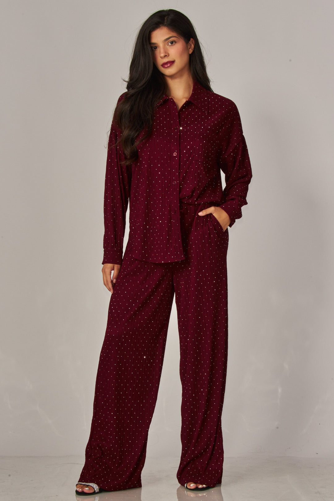Crinkled Rhinestone Button Down Shirt Lounge Set