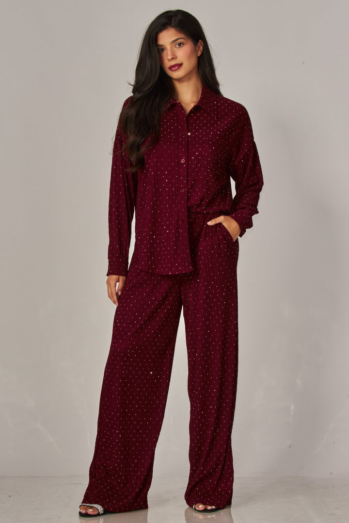 Crinkled Rhinestone Button Down Shirt Lounge Set