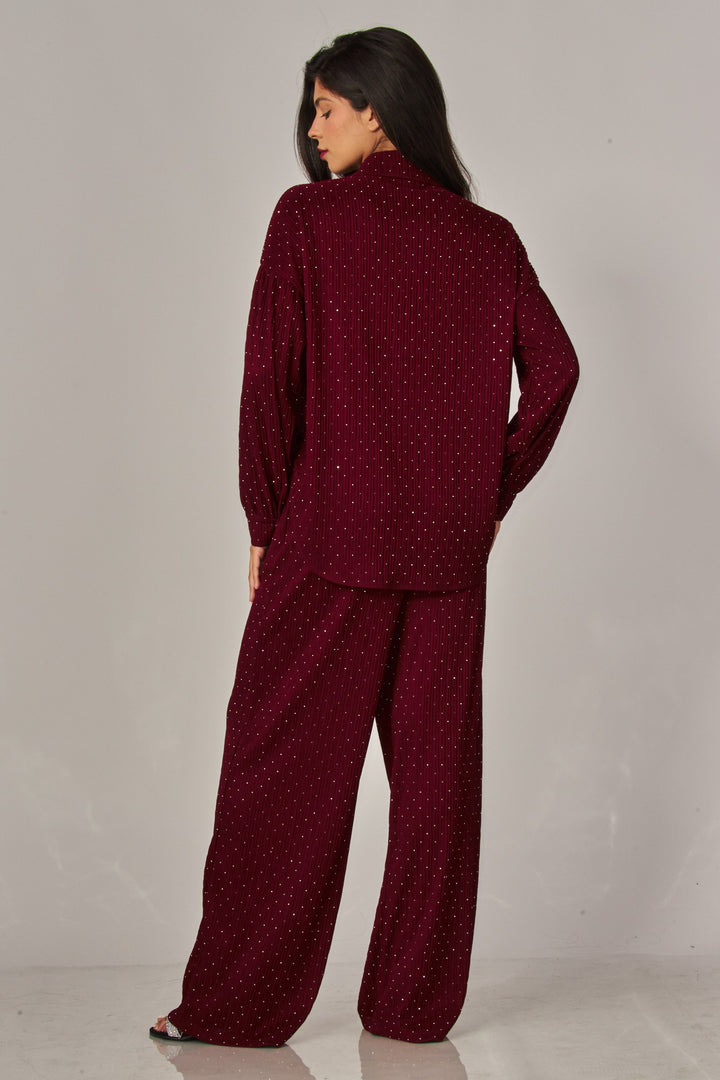 Crinkled Rhinestone Button Down Shirt Lounge Set