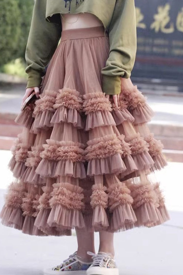 Mesh Puffy Color Block Pleated Tiered Skirt