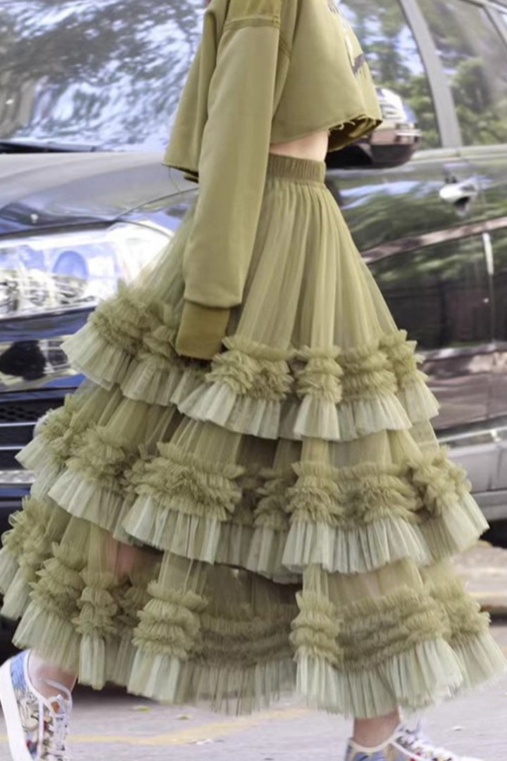 Mesh Puffy Color Block Pleated Tiered Skirt