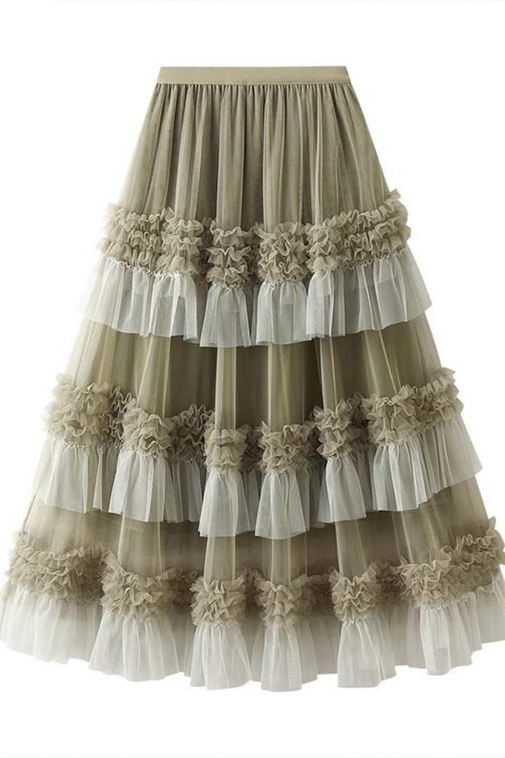 Mesh Puffy Color Block Pleated Tiered Skirt