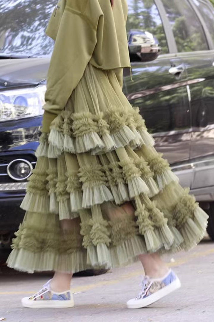 Mesh Puffy Color Block Pleated Tiered Skirt