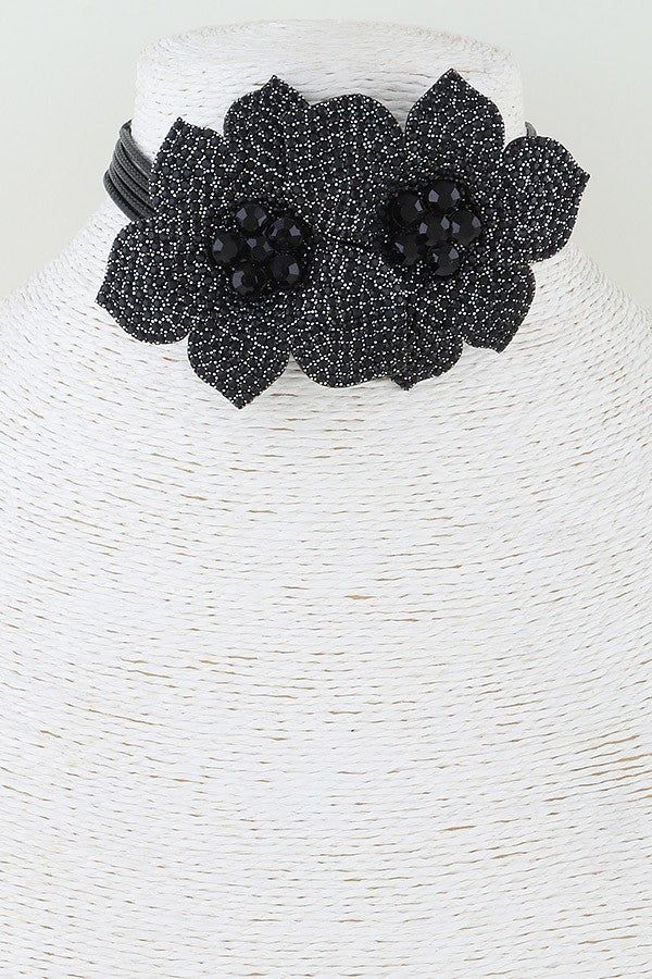 Twin Bejeweled Flower Choker Necklace