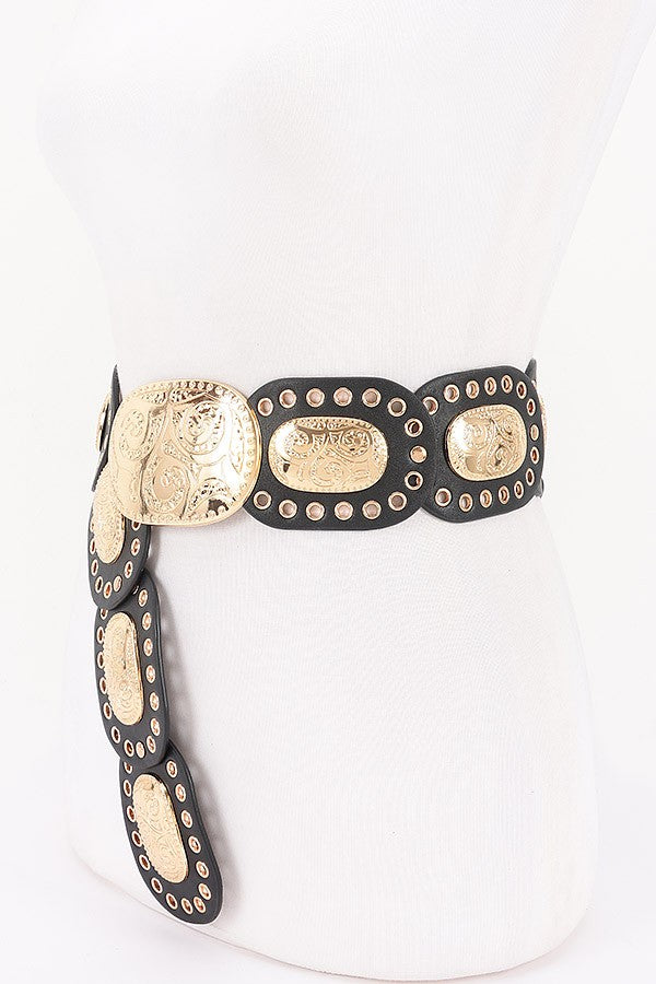 Faux Leather Multi Metal Eyelet Disc Belt
