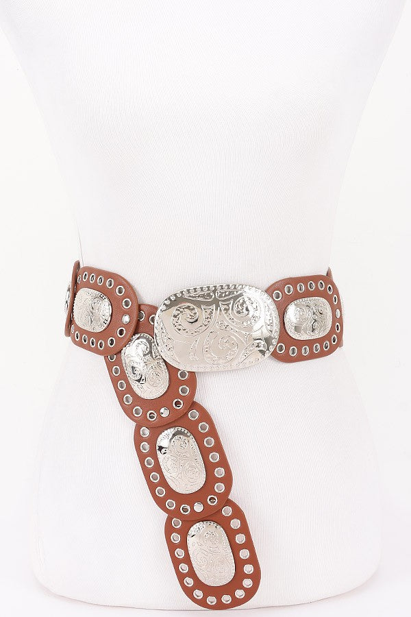 Faux Leather Multi Metal Eyelet Disc Belt