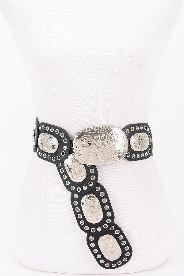 Faux Leather Multi Metal Eyelet Disc Belt