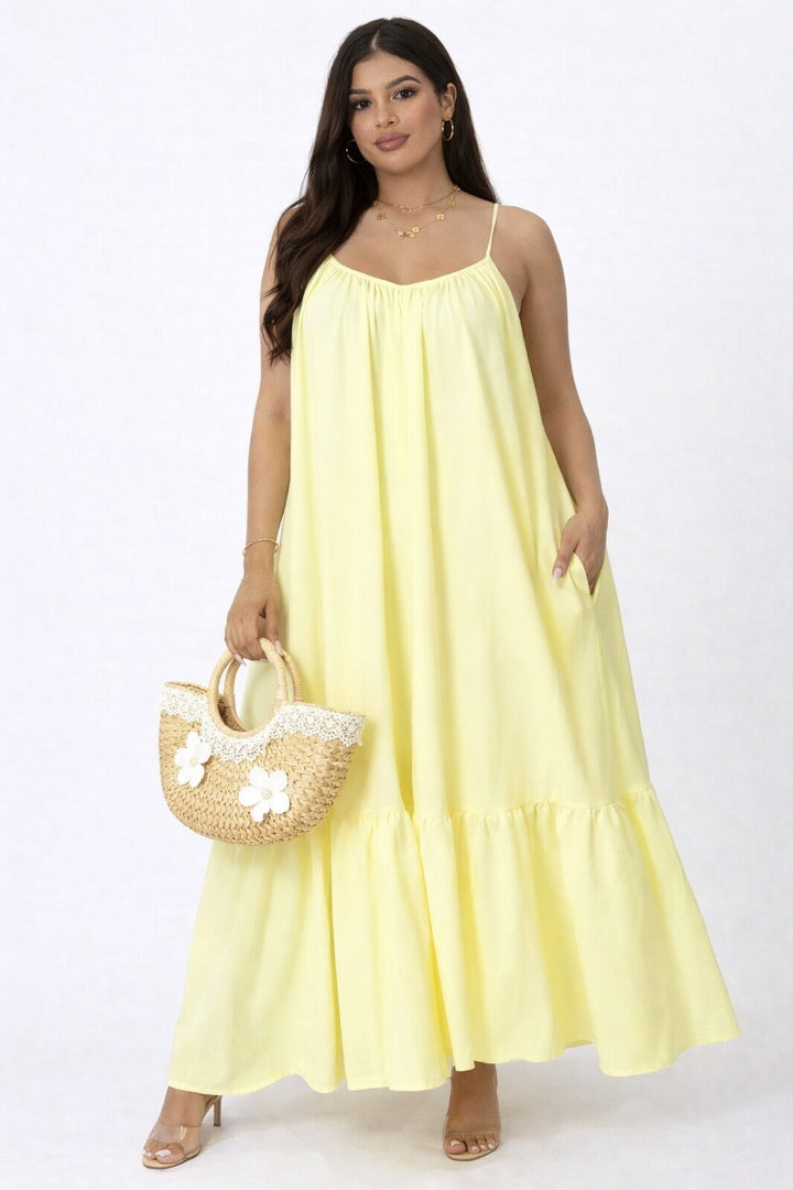 Solid Open Back Maxi Dress With Side Pockets