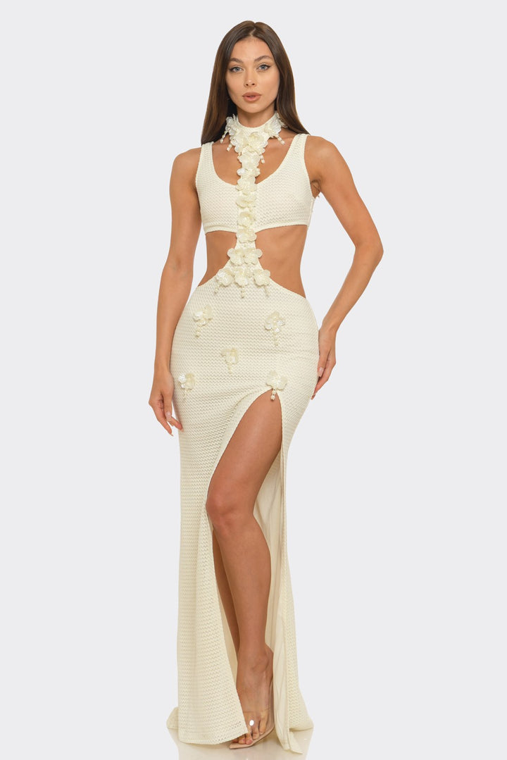 Round Neck & Side-waist Cutout Slit Maxi Dress