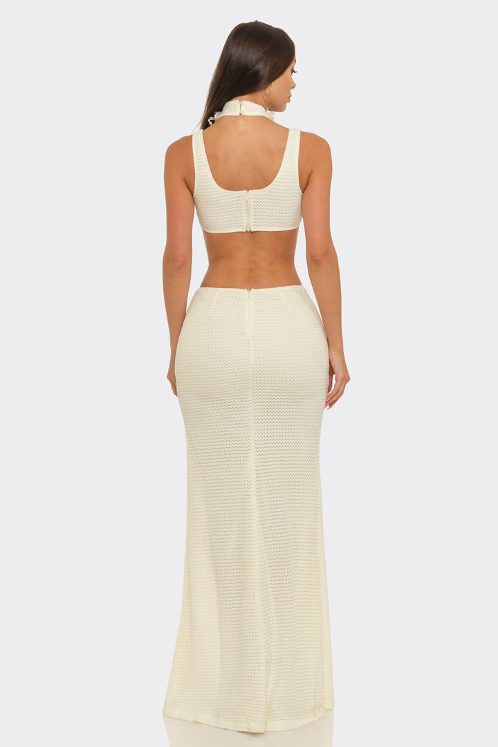 Round Neck & Side-waist Cutout Slit Maxi Dress