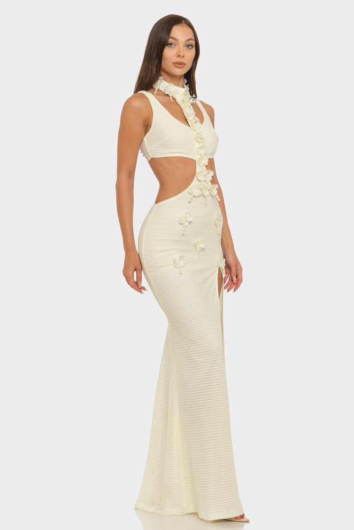 Round Neck & Side-waist Cutout Slit Maxi Dress