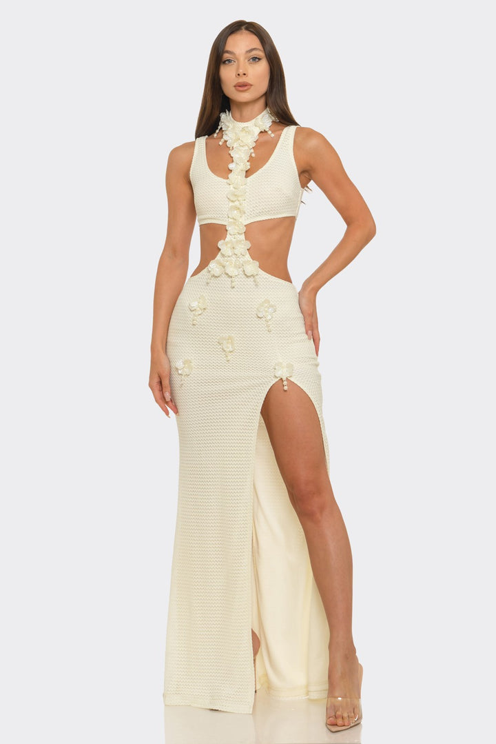 Round Neck & Side-waist Cutout Slit Maxi Dress