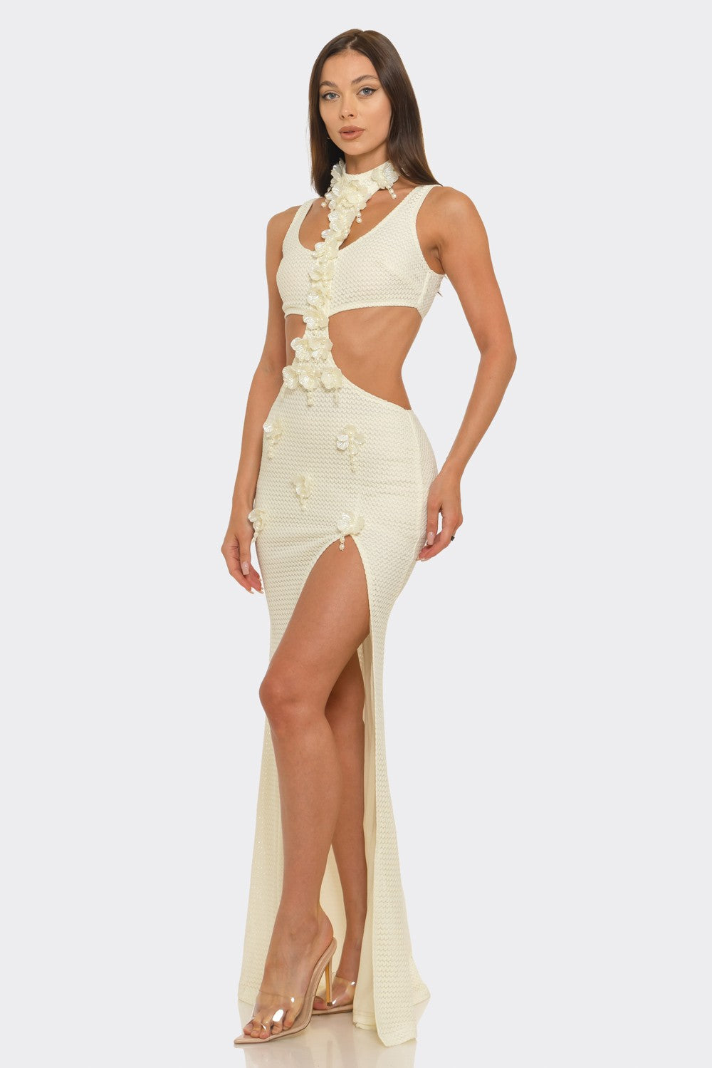 Round Neck & Side-waist Cutout Slit Maxi Dress