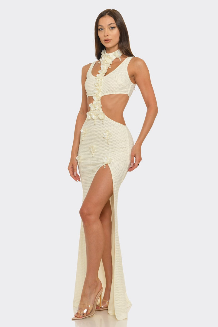 Round Neck & Side-waist Cutout Slit Maxi Dress