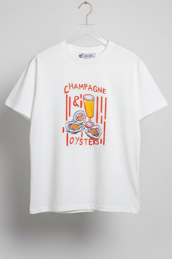Oversized Ss Champagne & Oysters Graphic Print T-shirt