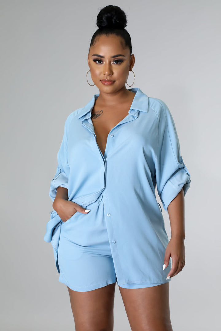 Solid Button Up Shirt & Shorts Set