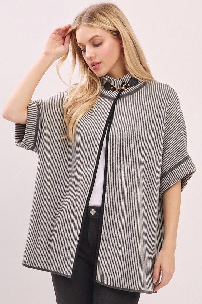 Faux Leather Buckle Accent Striped Poncho Cardigan