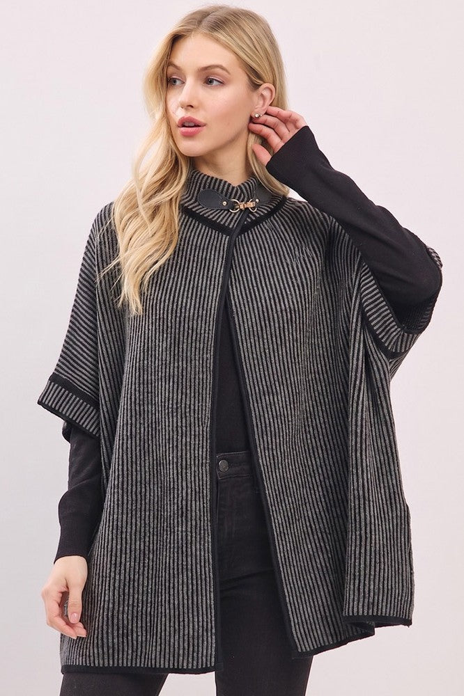 Faux Leather Buckle Accent Striped Poncho Cardigan