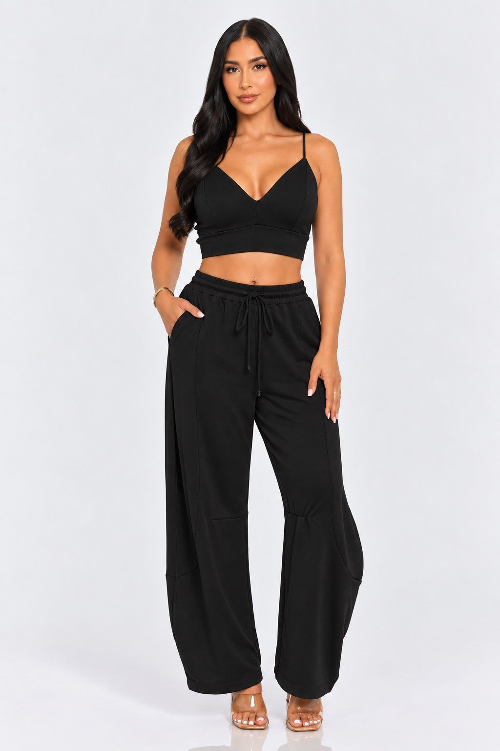 Open Front Cardigan Inside Tank Crop Top And Pants 3 Pcs Set